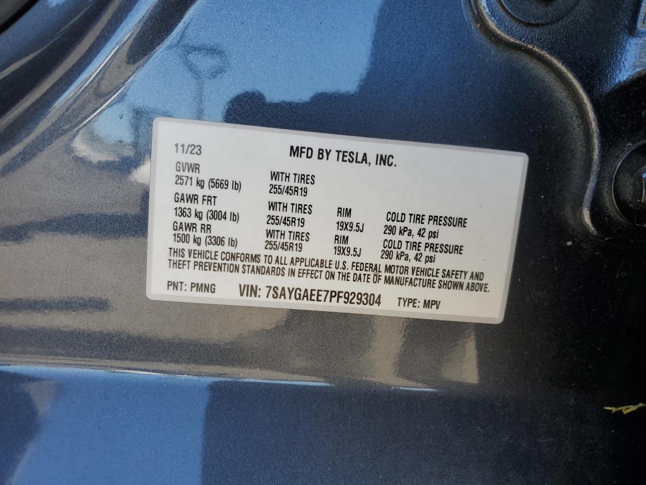 2023 TESLA MODEL Y VIN:7SAYGAEE7PF929304