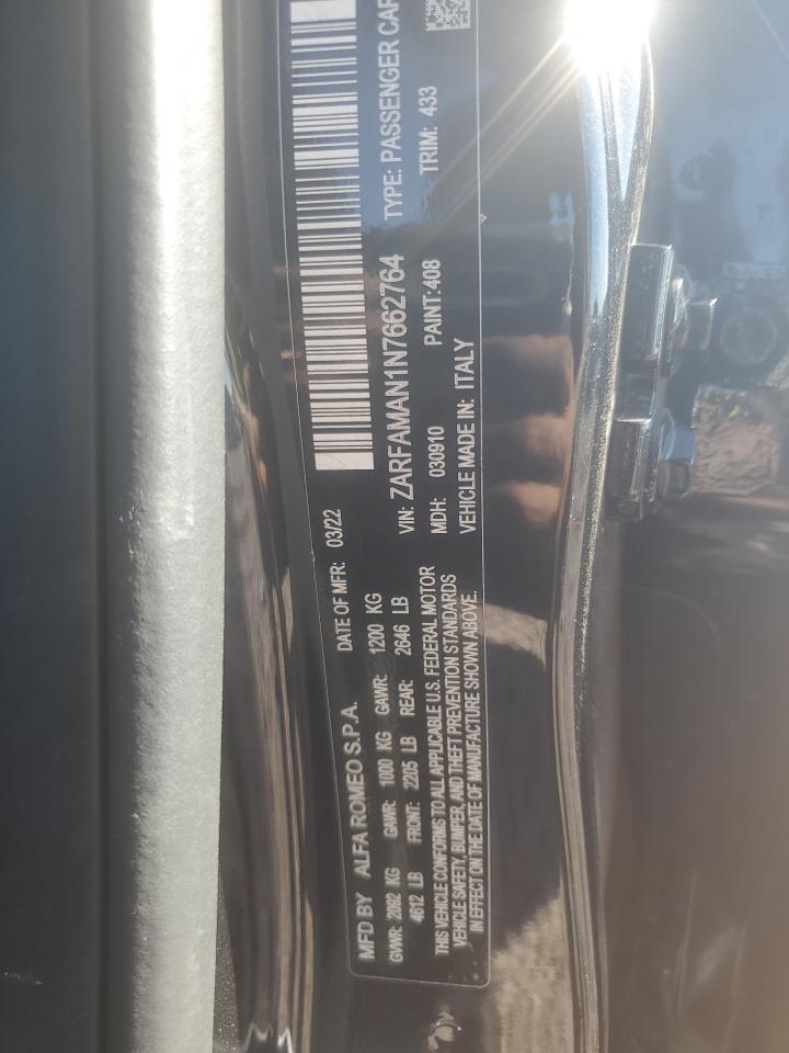 2022 ALFA ROMEO GIULIA VIN:ZARFAMAN1N7662764