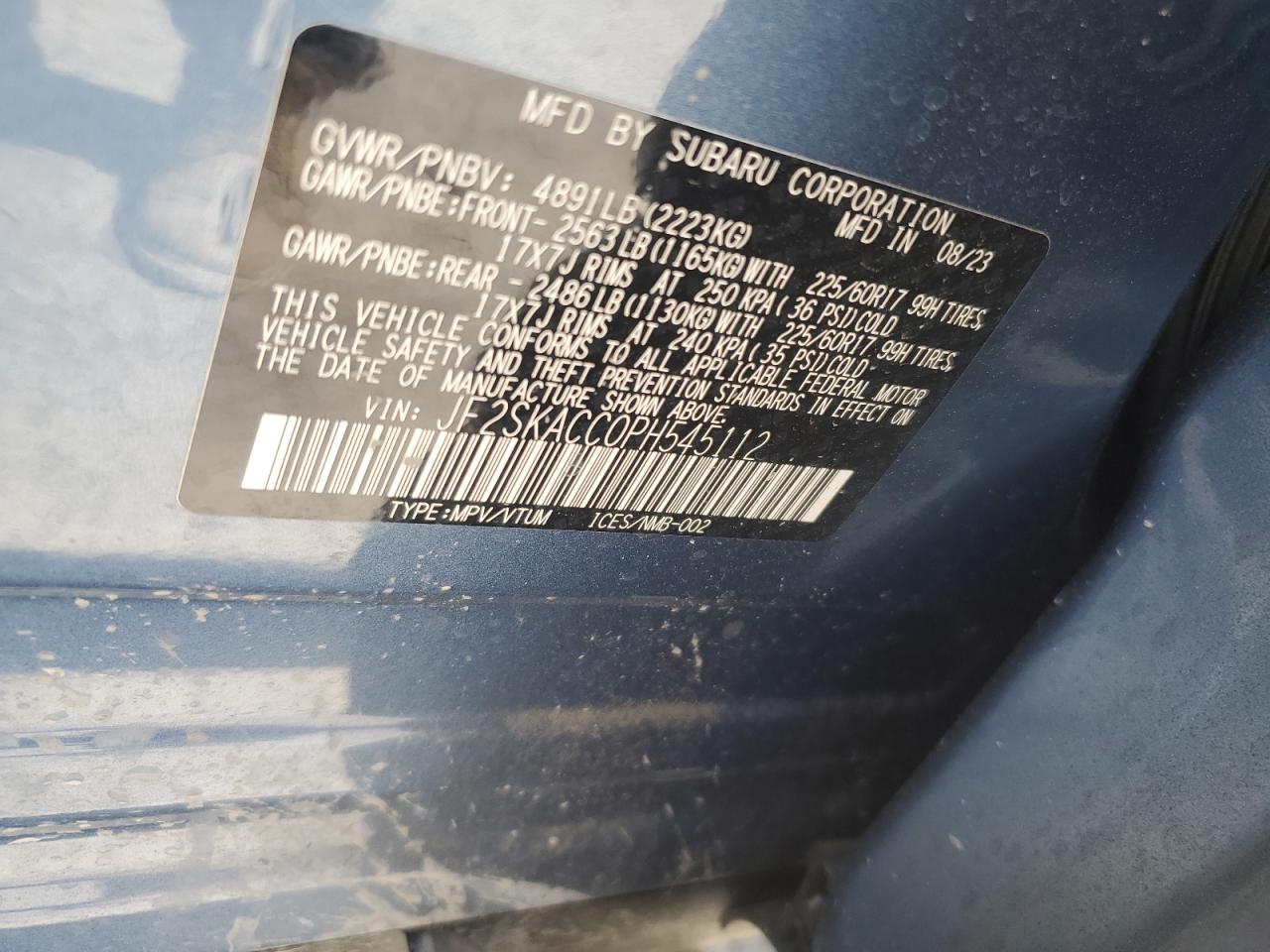 2023 SUBARU FORESTER VIN:JF2SKACC0PH545112