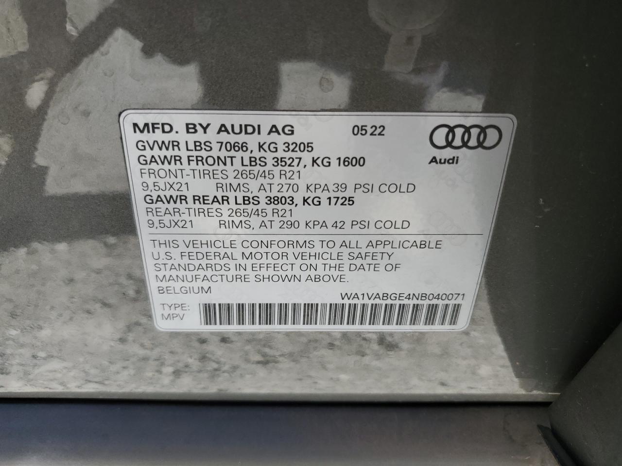 2022 AUDI E-TRON CHRONOS VIN:WA1VABGE4NB040071