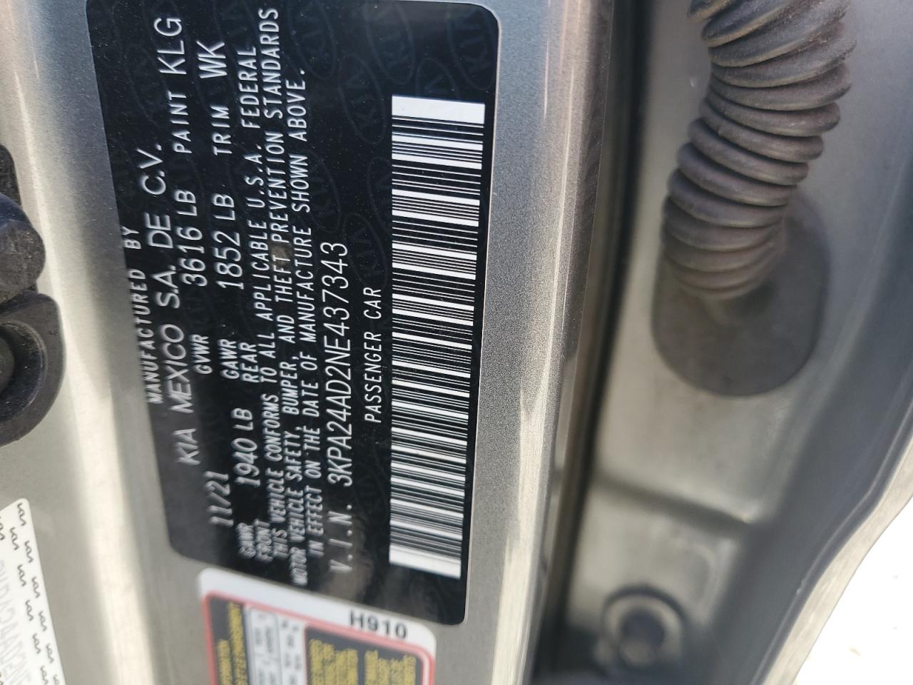 2022 KIA RIO LX VIN:3KPA24AD2NE437343