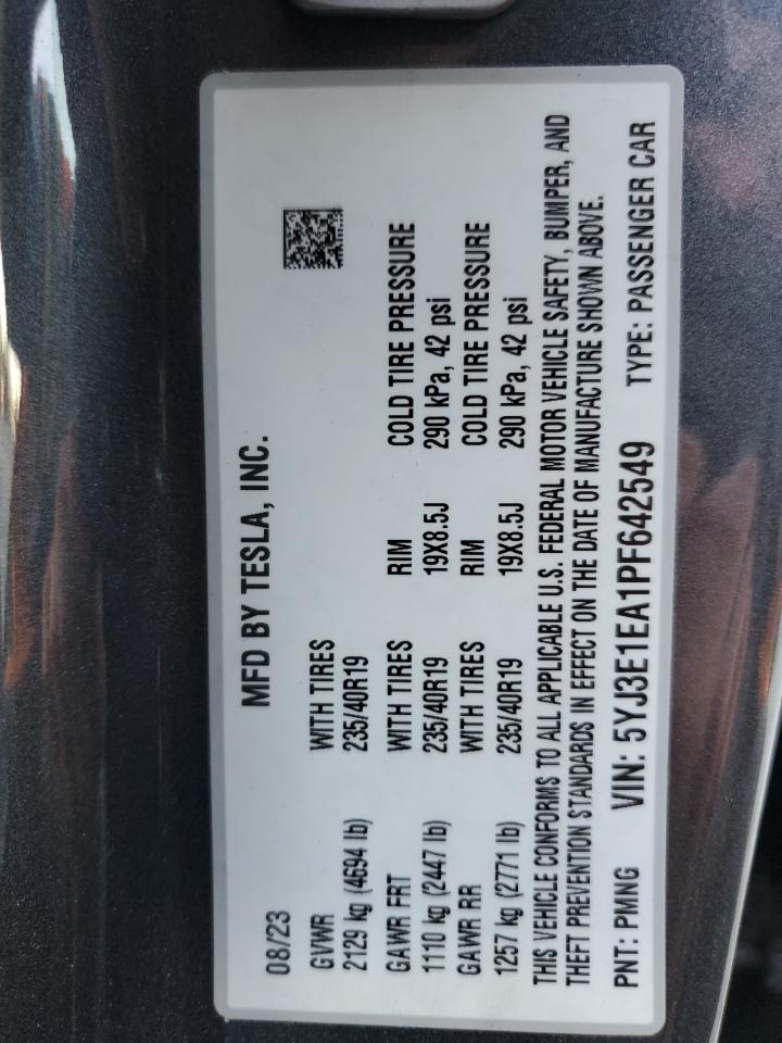 2023 TESLA MODEL 3 VIN:5YJ3E1EA1PF642549