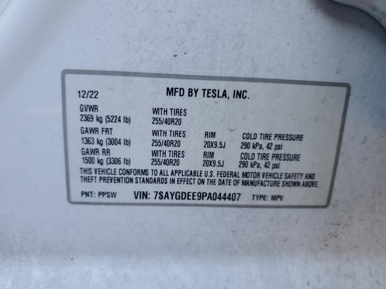 2023 TESLA MODEL Y VIN:7SAYGDEE9PA044407