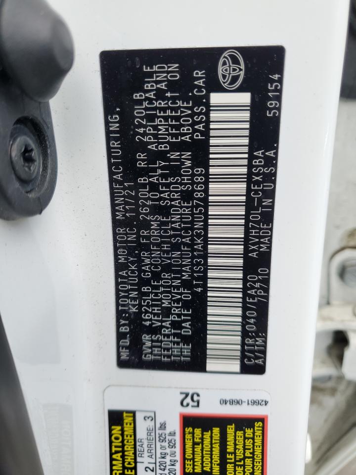 2022 TOYOTA CAMRY NIGHT SHADE VIN:4T1S31AK3NU578689