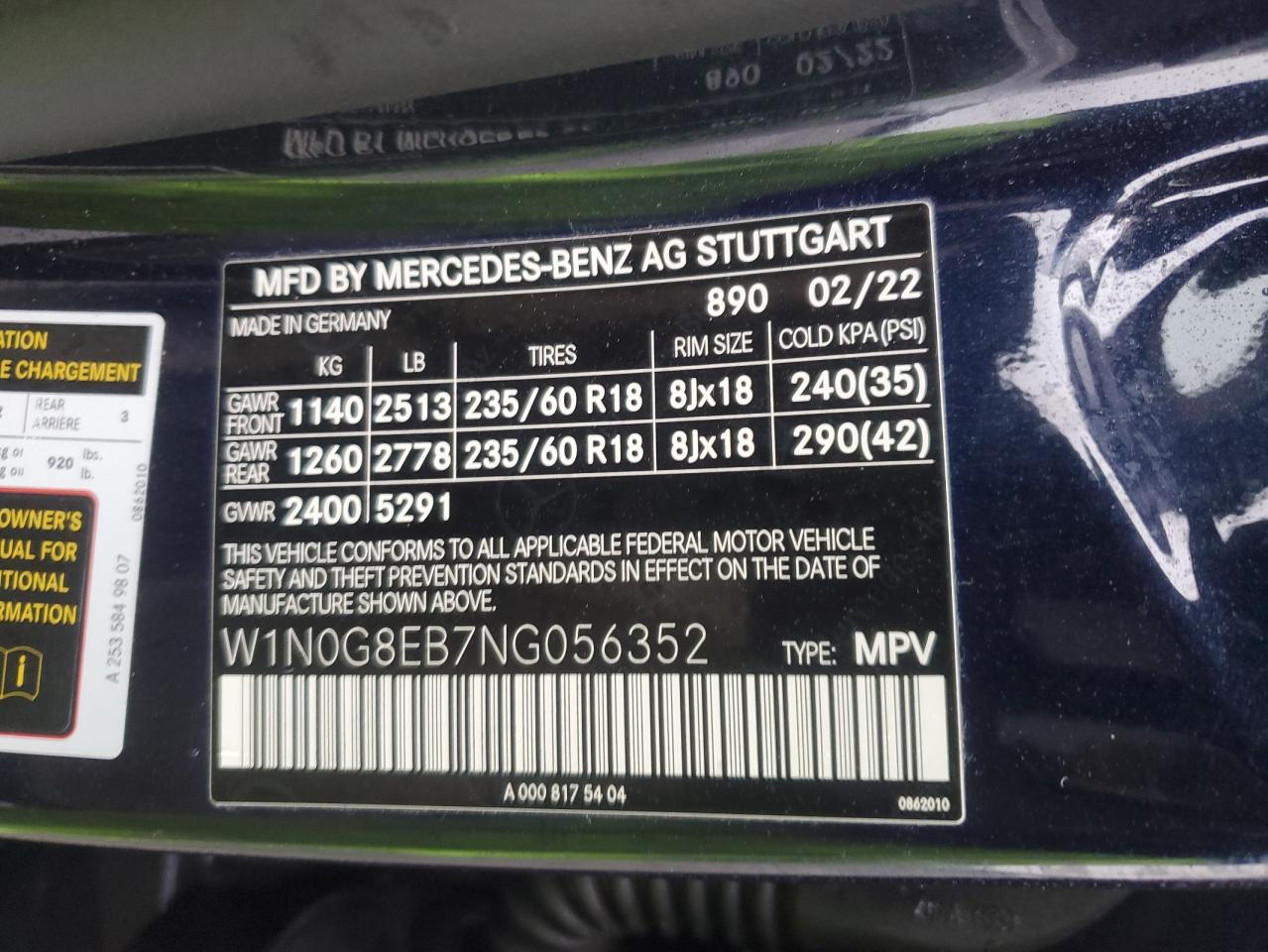 2022 MERCEDES-BENZ GLC 300 4MATIC VIN:W1N0G8EB7NG056352