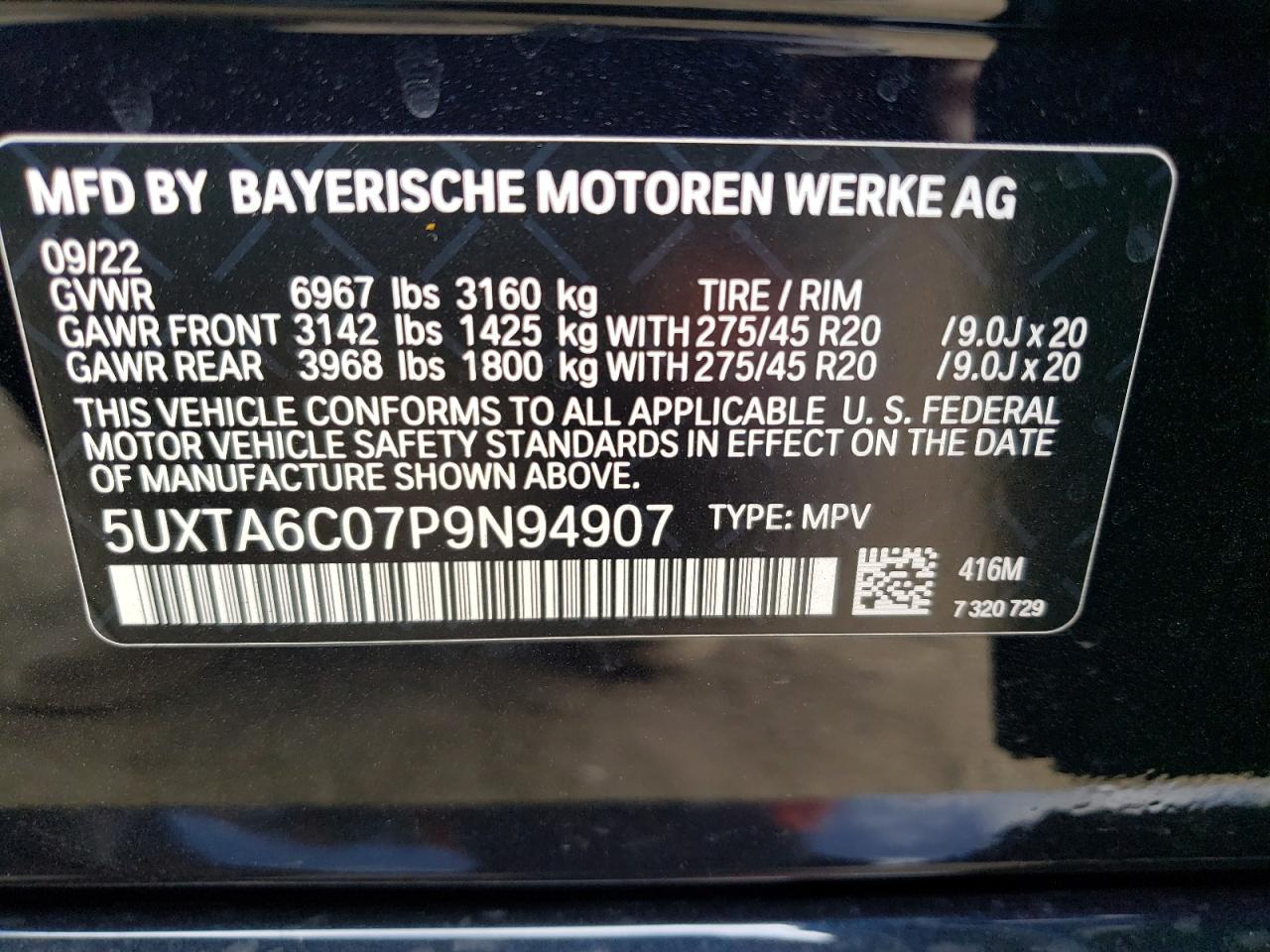 2023 BMW X5 XDRIVE45E VIN:5UXTA6C07P9N94907