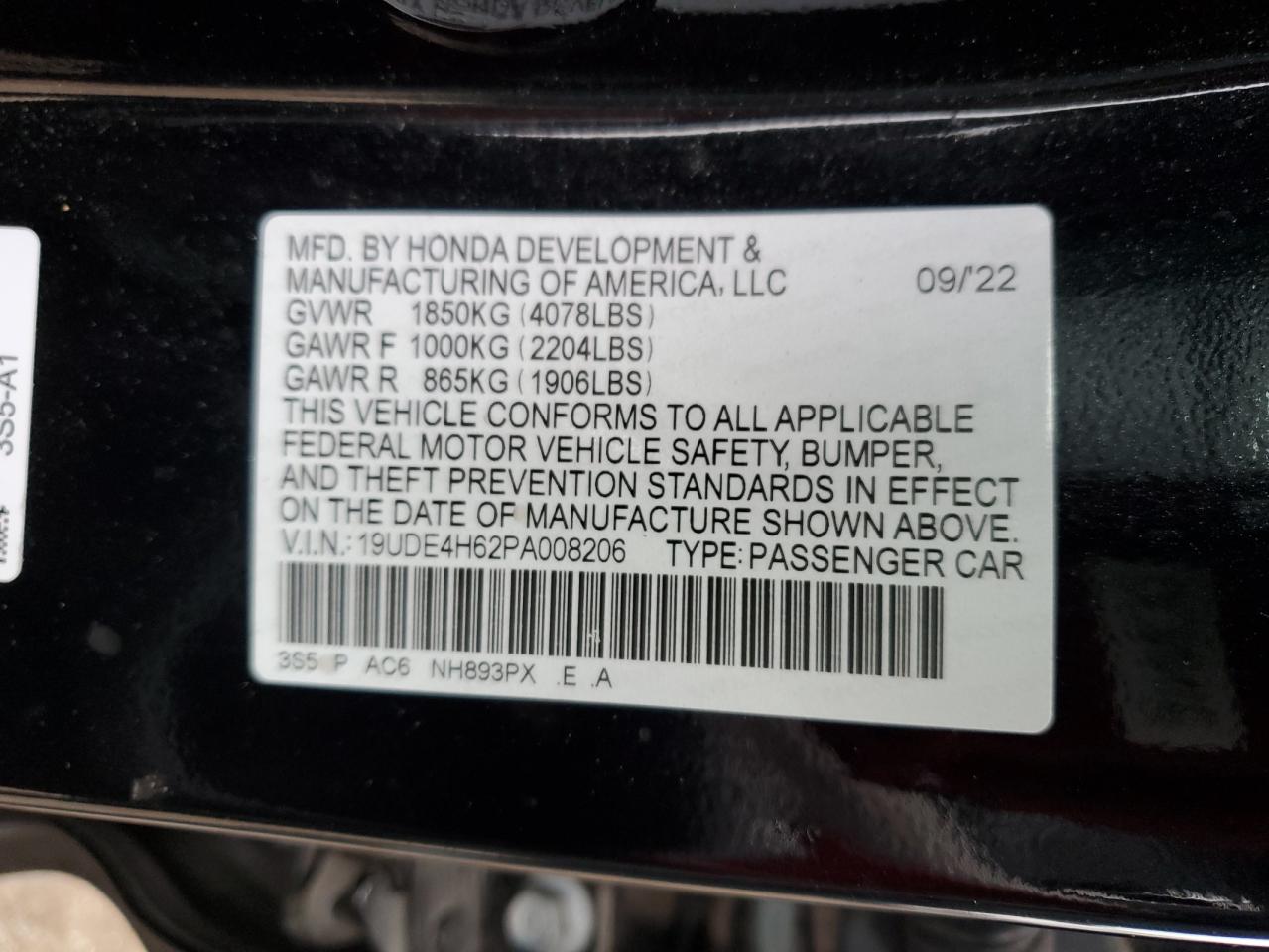 2023 ACURA INTEGRA A-SPEC TECH VIN:19UDE4H62PA008206