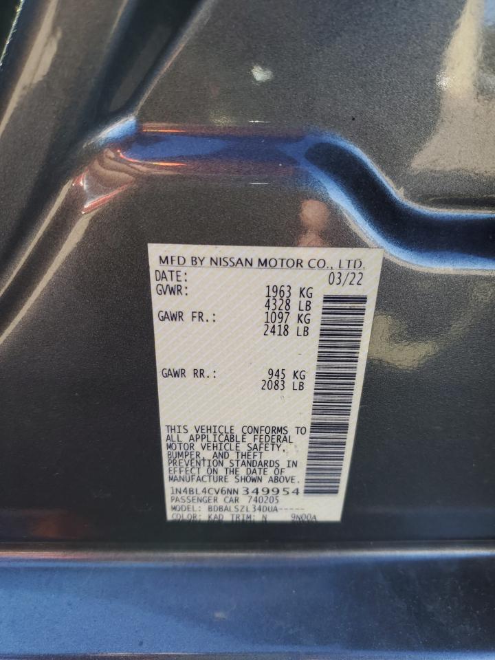2022 NISSAN ALTIMA SR VIN:1N4BL4CV6NN349954