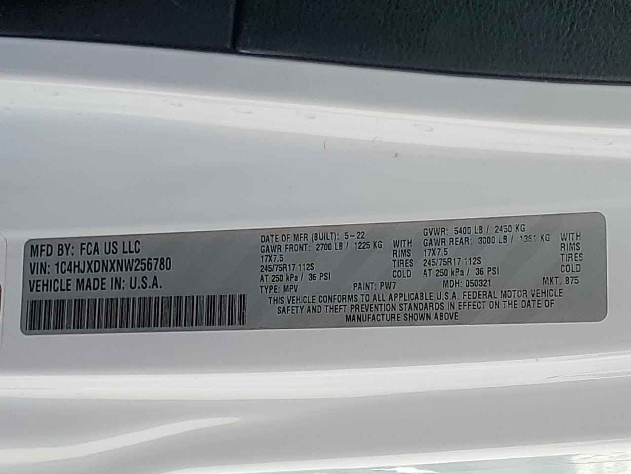 2022 JEEP WRANGLER UNLIMITED SPORT VIN:1C4HJXDNXNW256780
