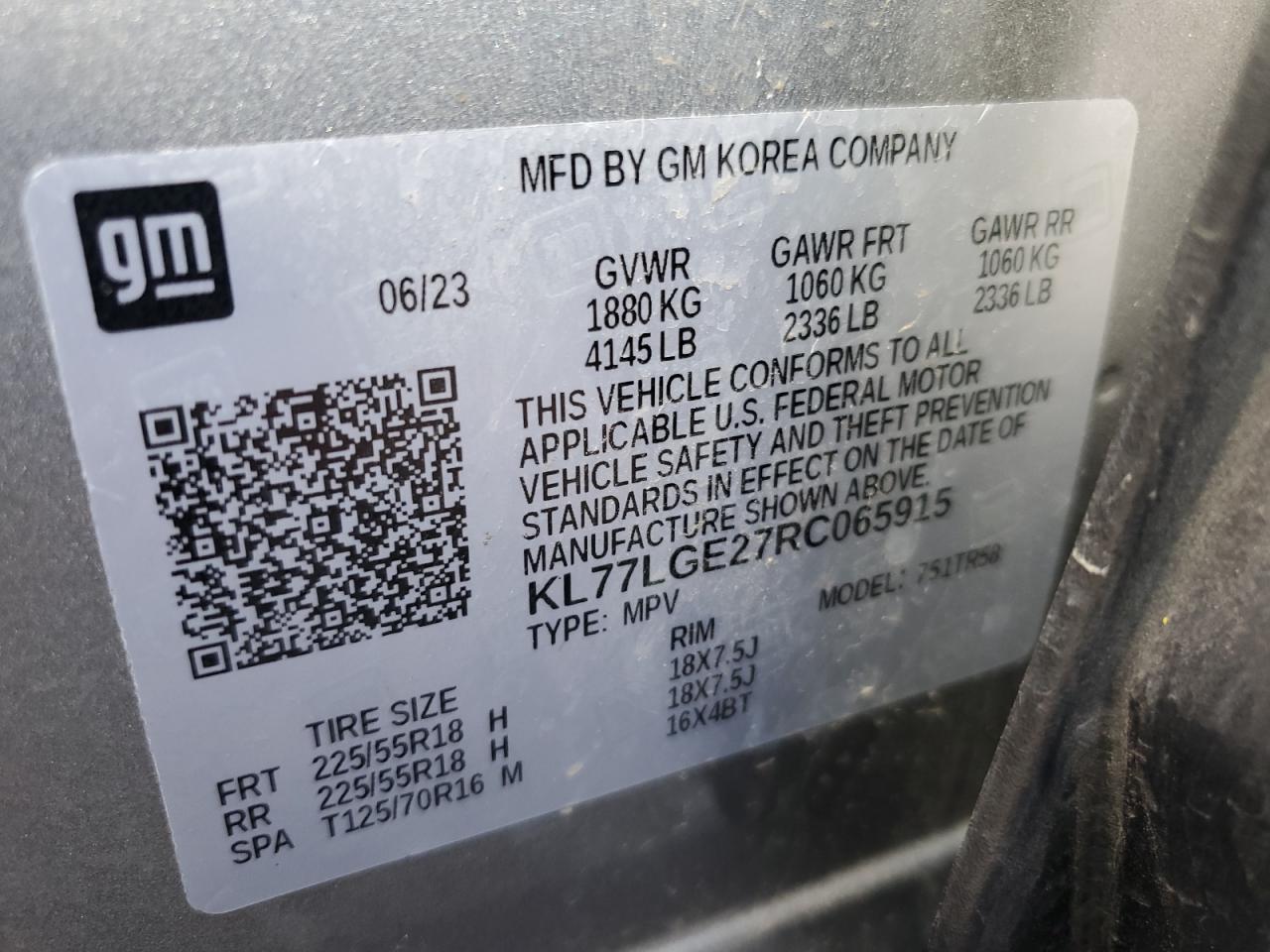 2024 CHEVROLET TRAX 1RS VIN:KL77LGE27RC065915