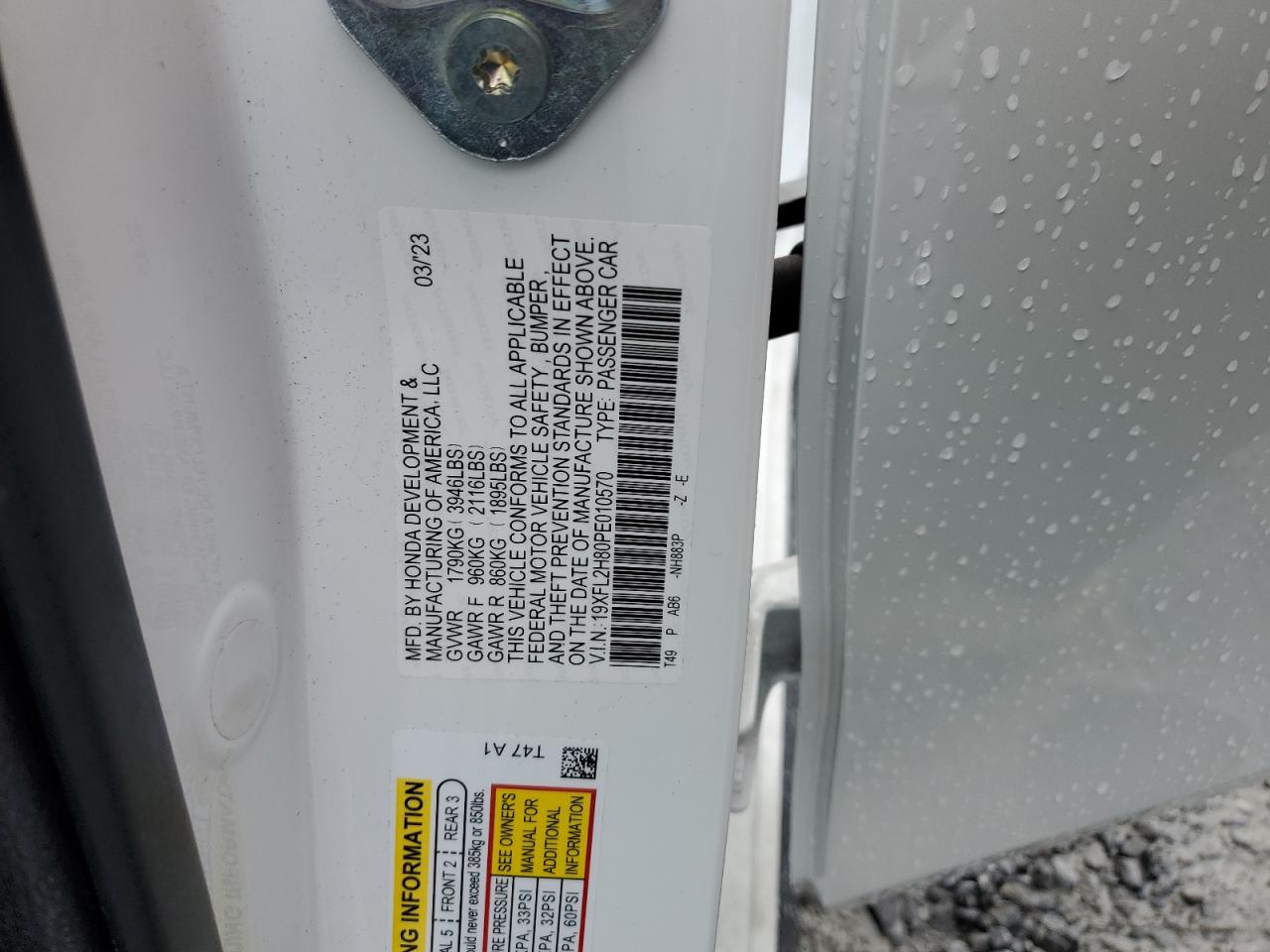 2023 HONDA CIVIC SPORT VIN:19XFL2H80PE010570