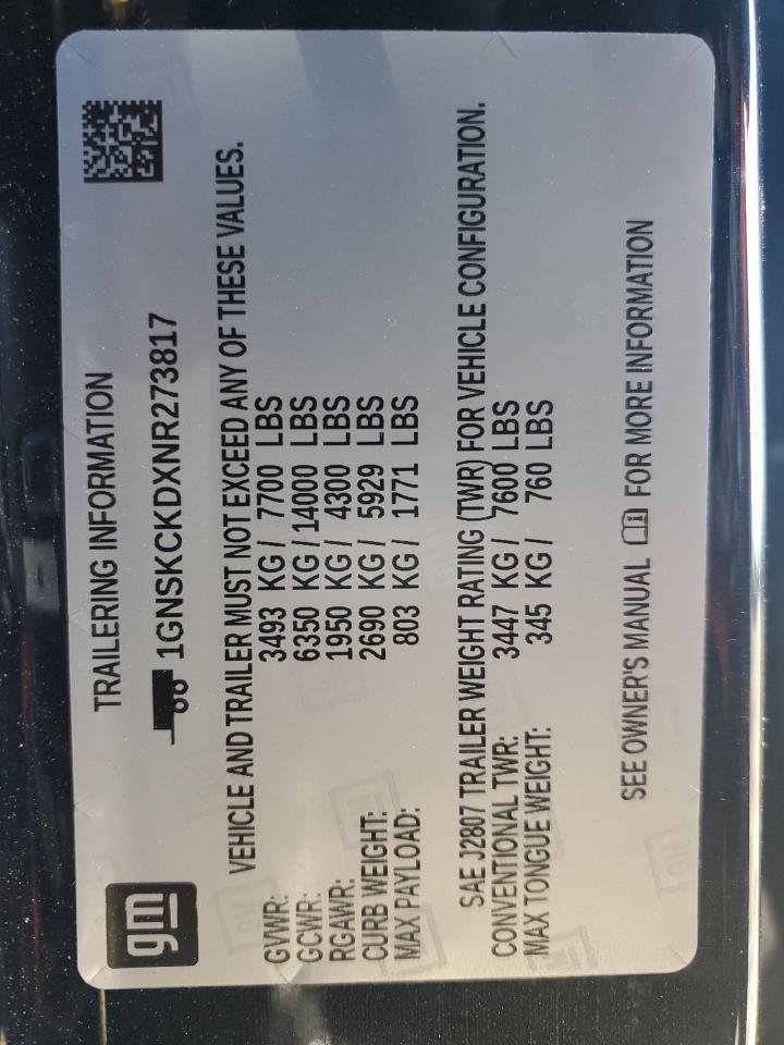 2022 CHEVROLET SUBURBAN K1500 LT VIN:1GNSKCKDXNR273817