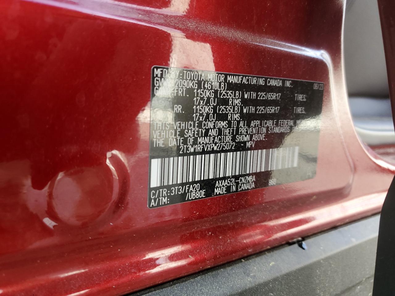 2023 TOYOTA RAV4 XLE VIN:2T3W1RFVXPW275072