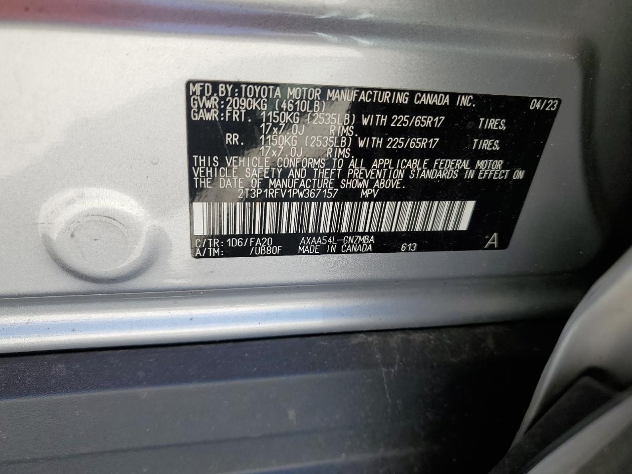 2023 TOYOTA RAV4 XLE VIN:2T3P1RFV1PW367157