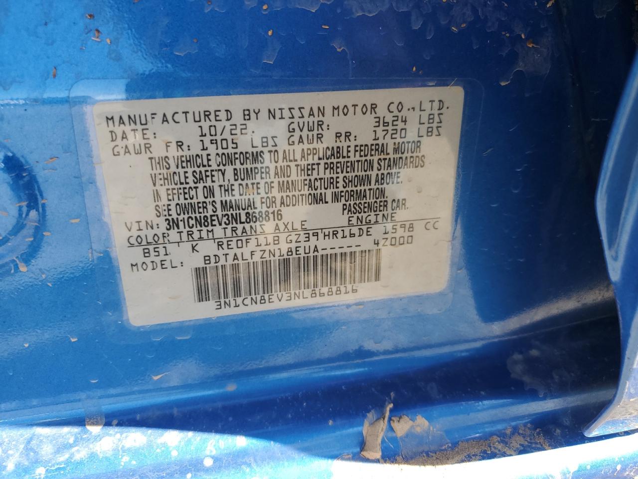 2022 NISSAN VERSA SV VIN:3N1CN8EV3NL868816