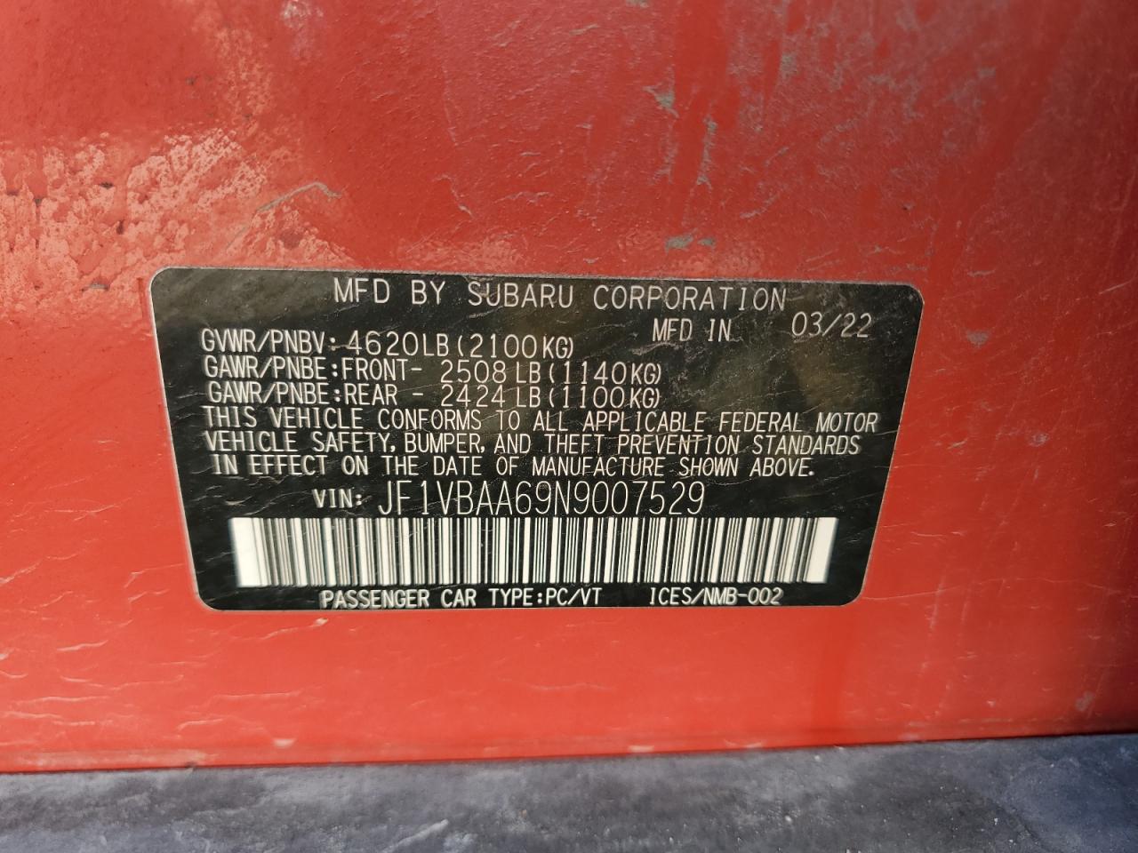 2022 SUBARU WRX VIN:JF1VBAA69N9007529