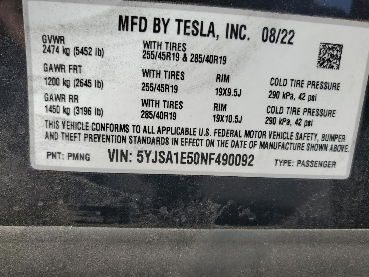 2022 TESLA MODEL S VIN:5YJSA1E50NF490092