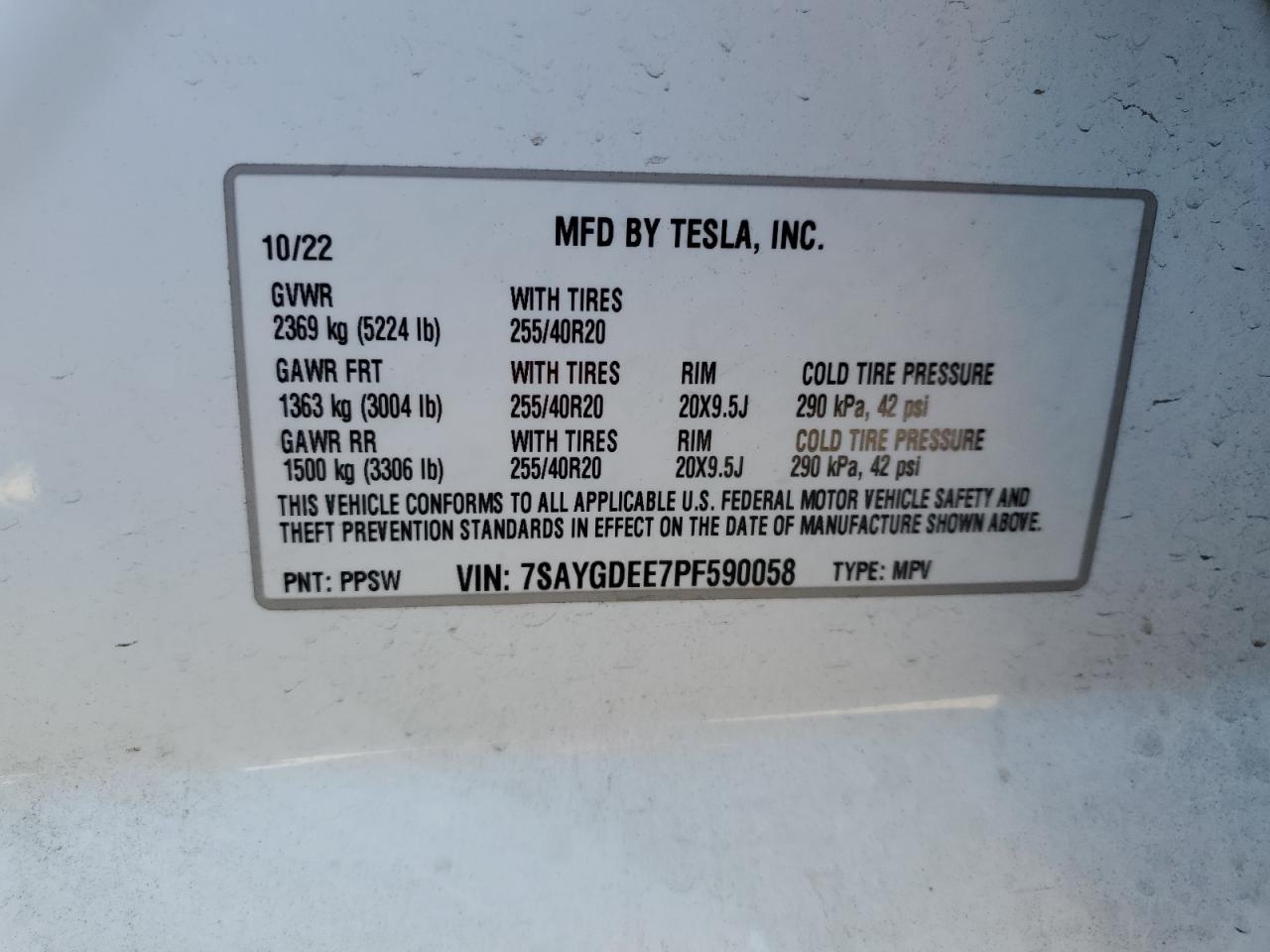 2023 TESLA MODEL Y VIN:7SAYGDEE7PF590058
