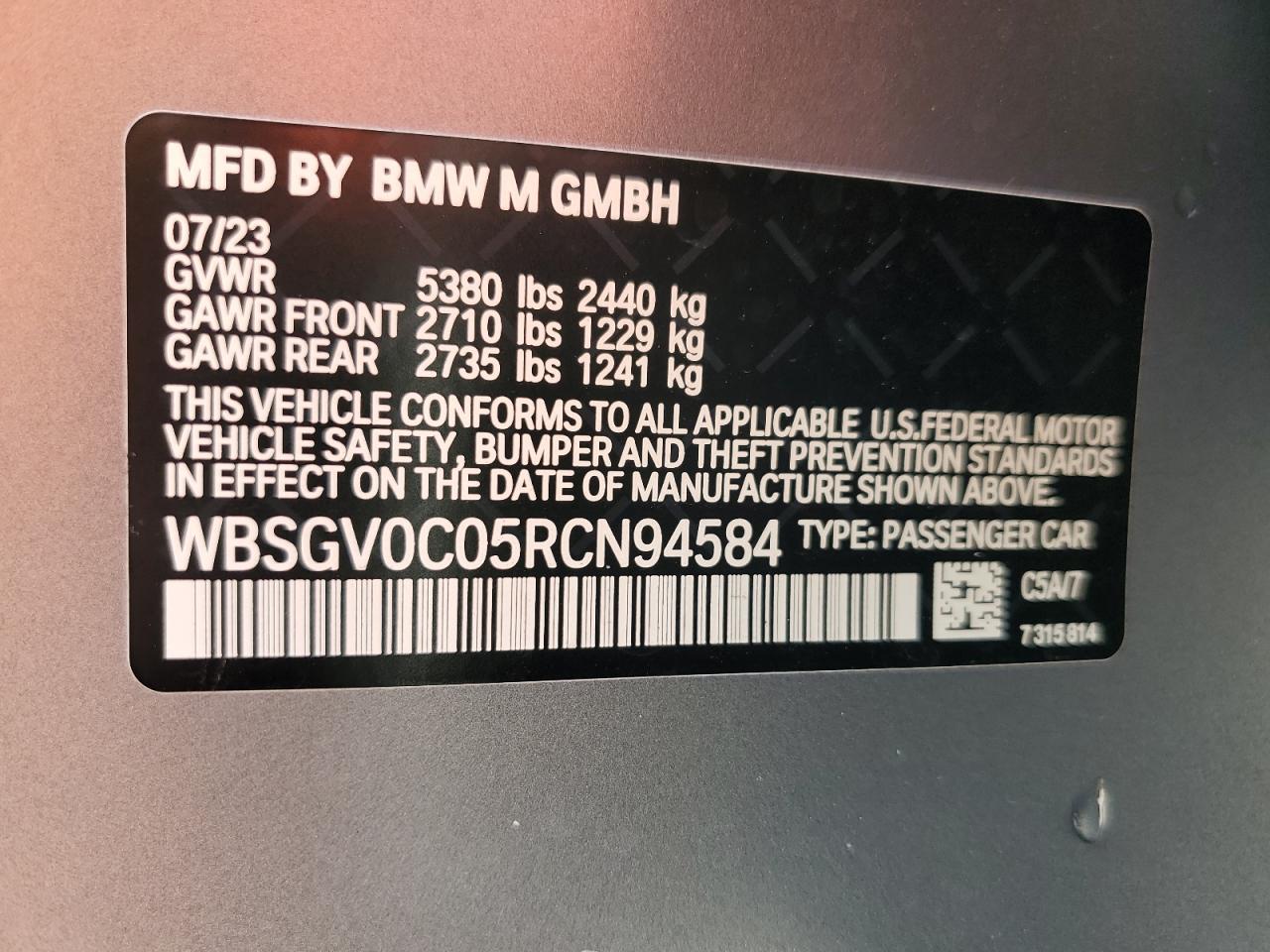 2024 BMW M8 VIN:WBSGV0C05RCN94584