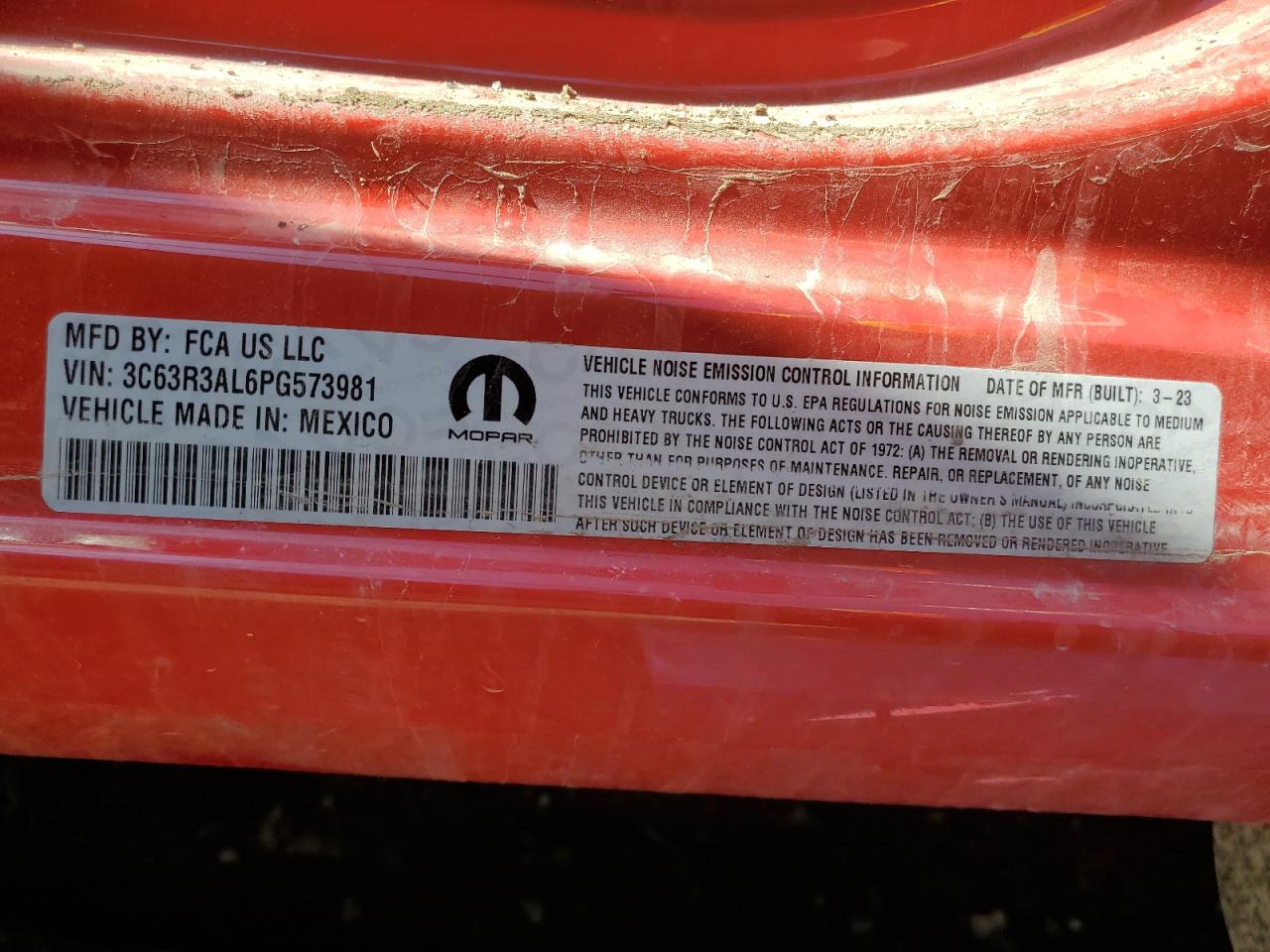 2023 RAM 3500 TRADESMAN VIN:3C63R3AL6PG573981