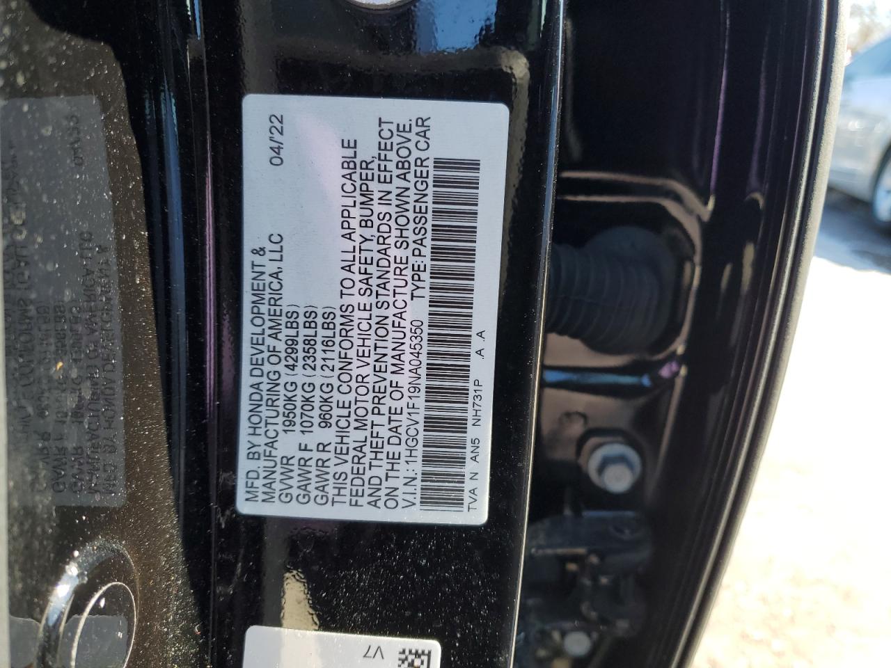 2022 HONDA ACCORD LX VIN:1HGCV1F19NA045350