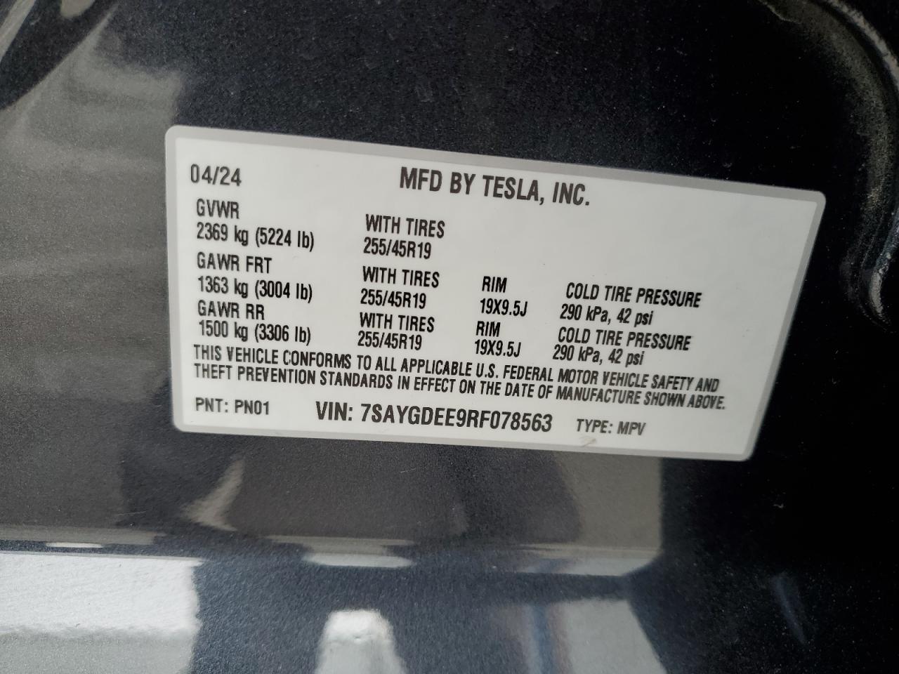 2024 TESLA MODEL Y VIN:7SAYGDEE9RF078563
