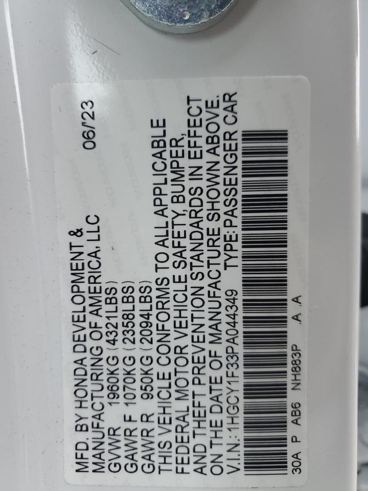 2023 HONDA ACCORD EX VIN:1HGCY1F33PA044349