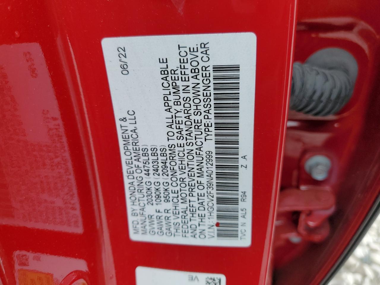 2022 HONDA ACCORD SPORT VIN:1HGCV2F39NA012999