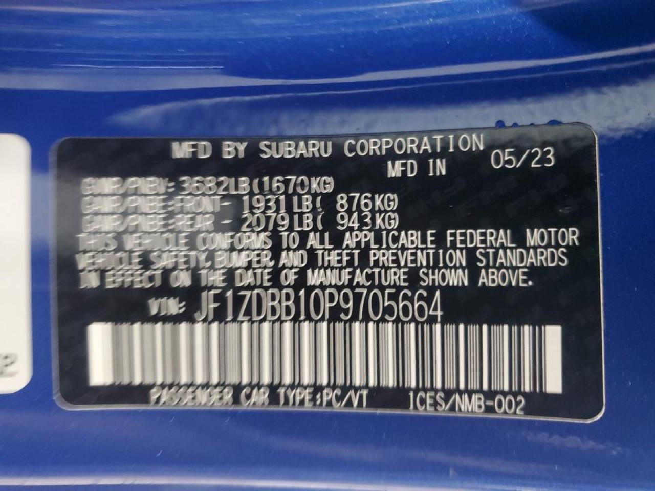 2023 SUBARU BRZ PREMIUM VIN:JF1ZDBB10P9705664