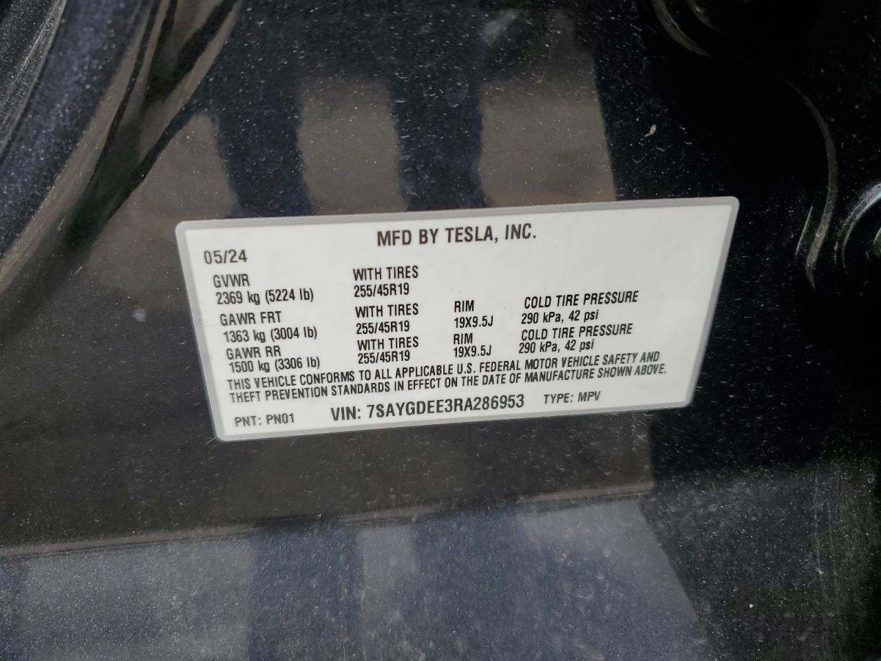 2024 TESLA MODEL Y VIN:7SAYGDEE3RA286953