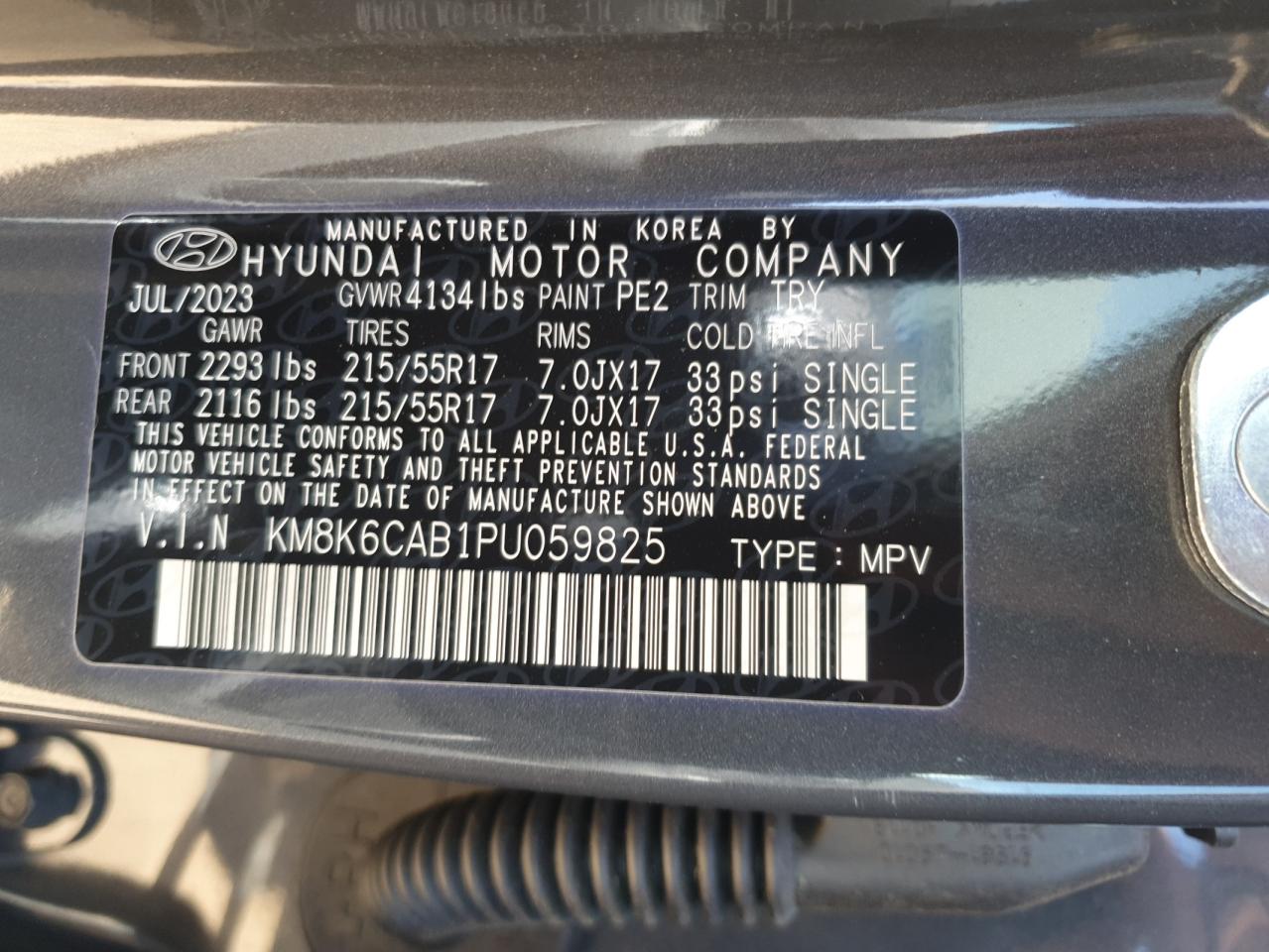 2023 HYUNDAI KONA SEL VIN:KM8K6CAB1PU059825