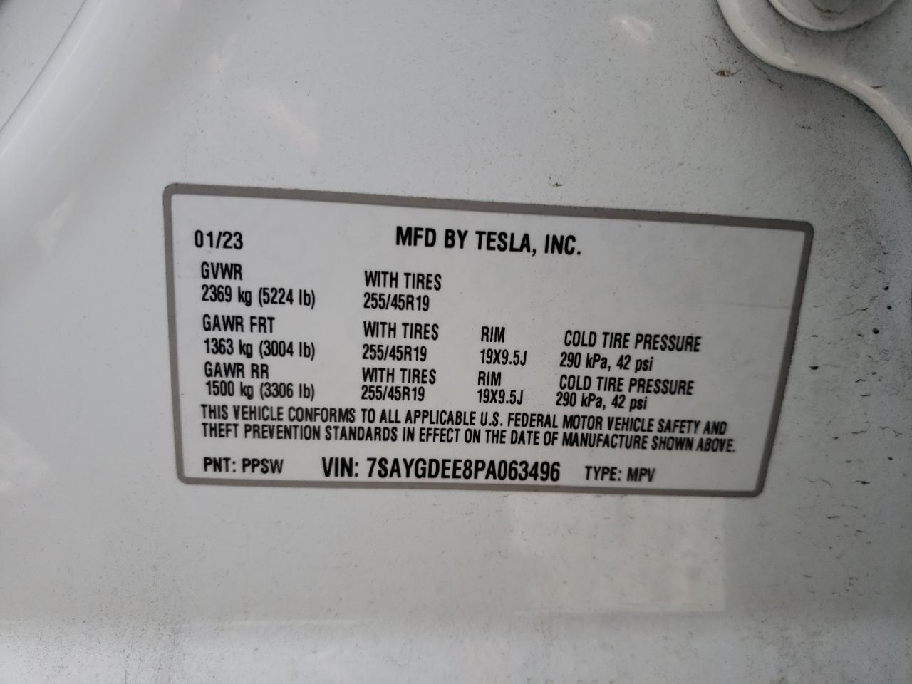 2023 TESLA MODEL Y VIN:7SAYGDEE8PA063496