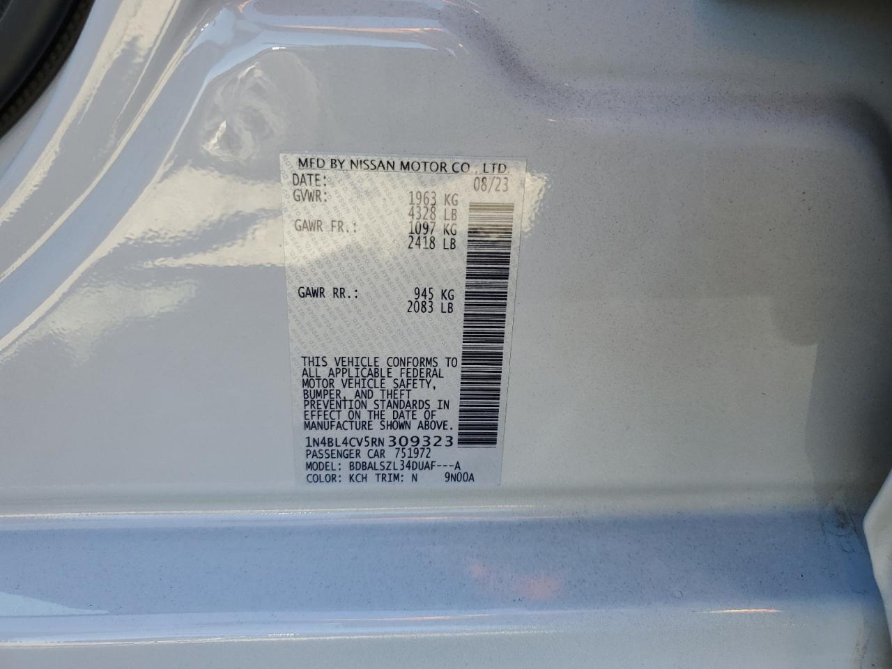 2024 NISSAN ALTIMA SR VIN:1N4BL4CV5RN309323