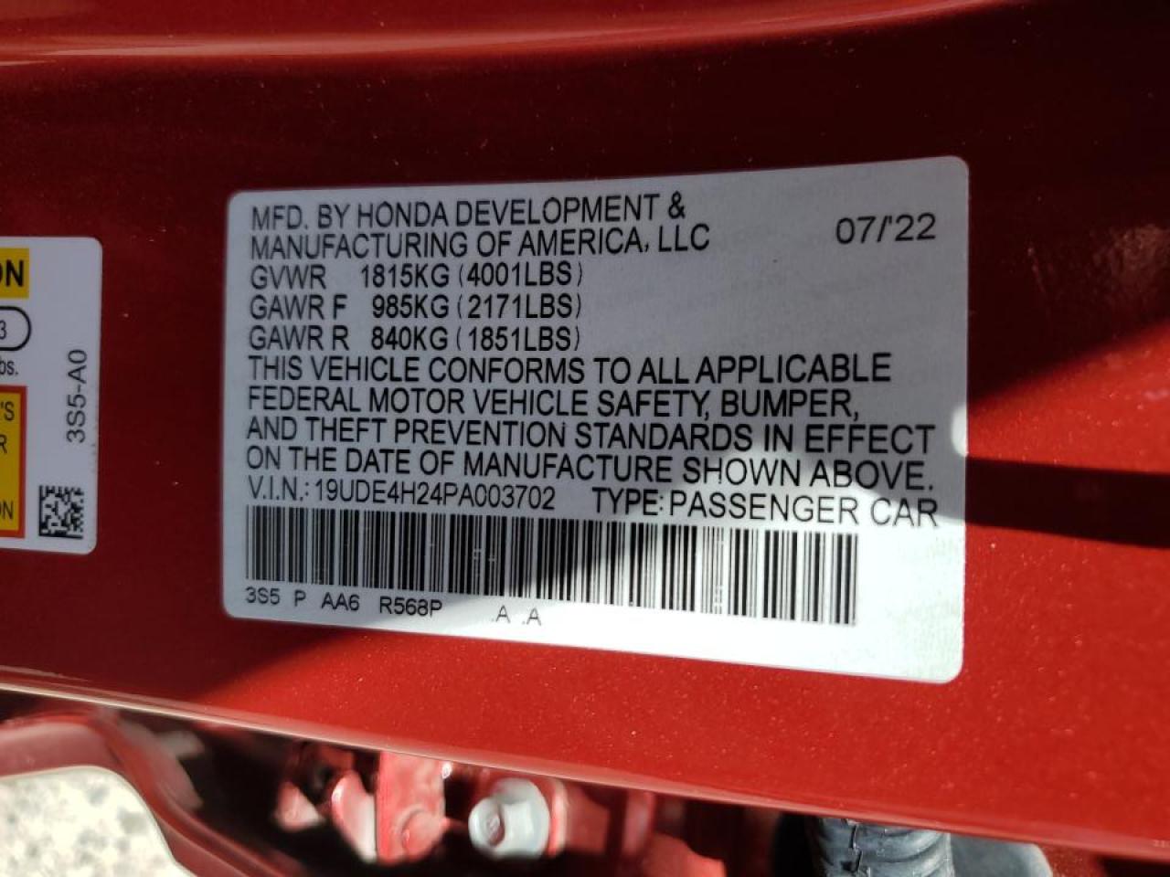 2023 ACURA INTEGRA VIN:19UDE4H24PA003702