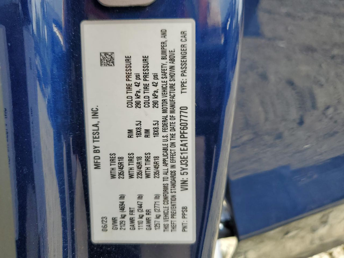 2023 TESLA MODEL 3 VIN:5YJ3E1EA1PF607770