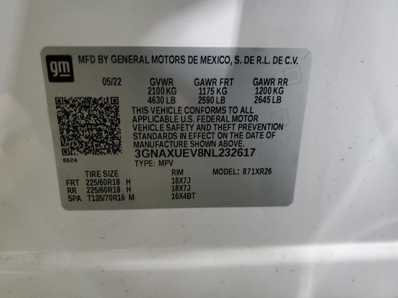 2022 CHEVROLET EQUINOX LT VIN:3GNAXUEV8NL232617