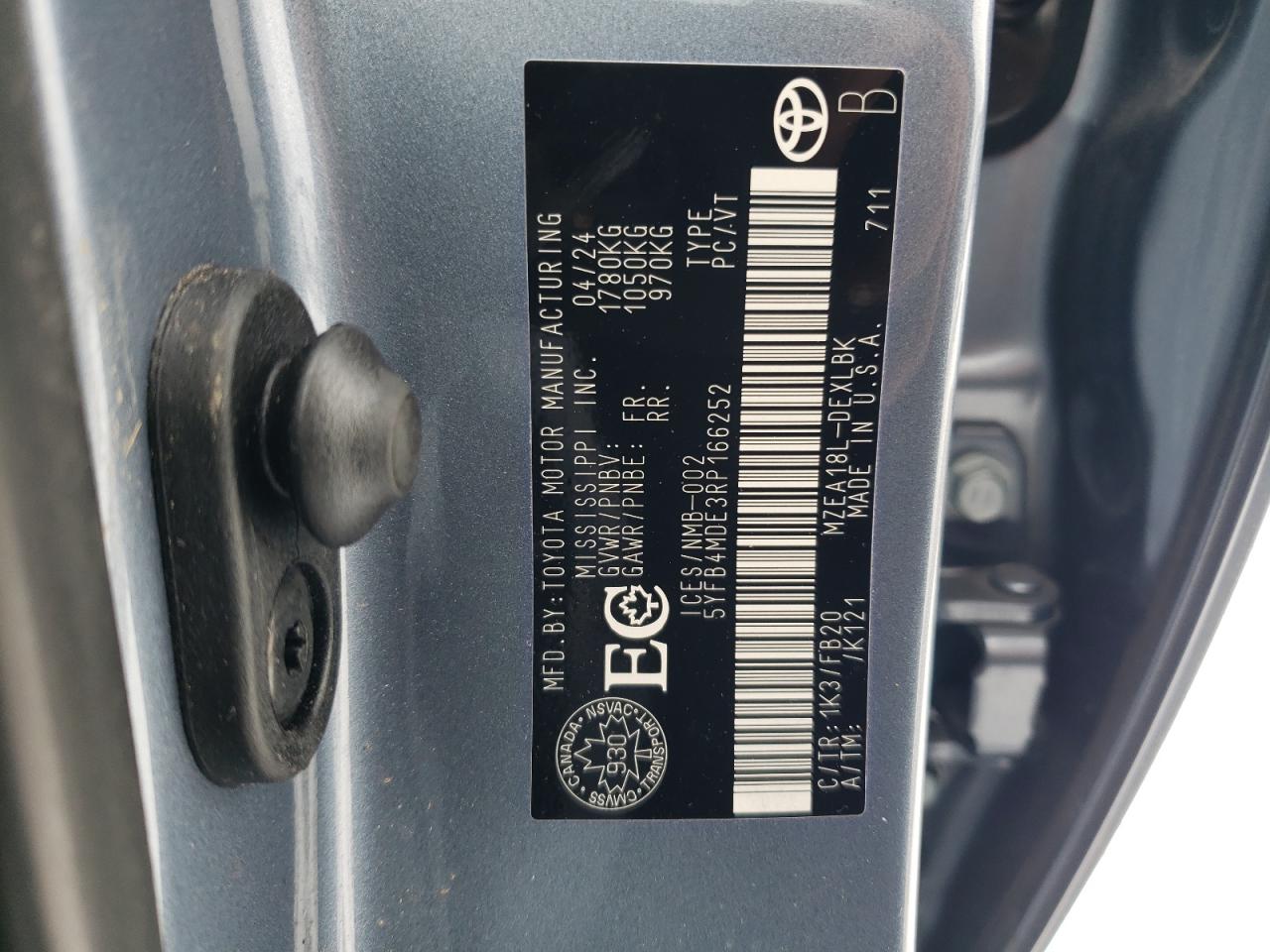 2024 TOYOTA COROLLA LE VIN:5YFB4MDE3RP166252