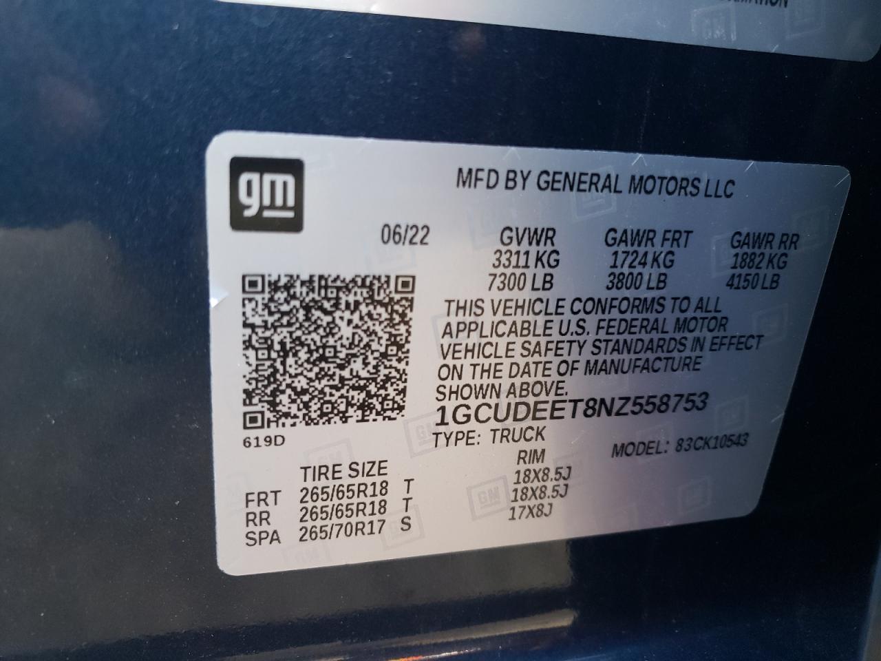 2022 CHEVROLET SILVERADO K1500 RST VIN:1GCUDEET8NZ558753