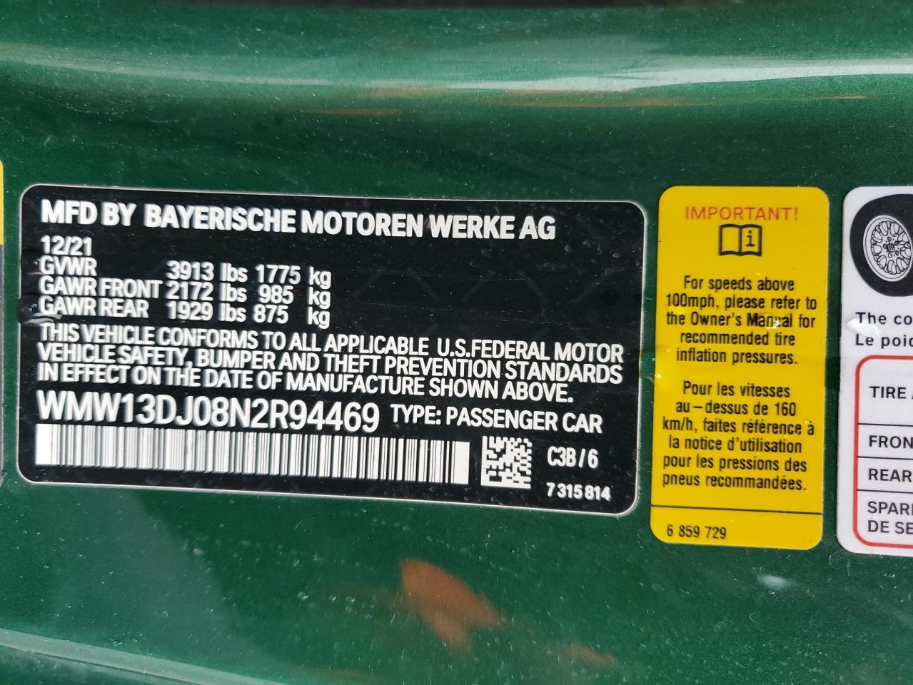 2022 MINI COOPER SE VIN:WMW13DJ08N2R94469