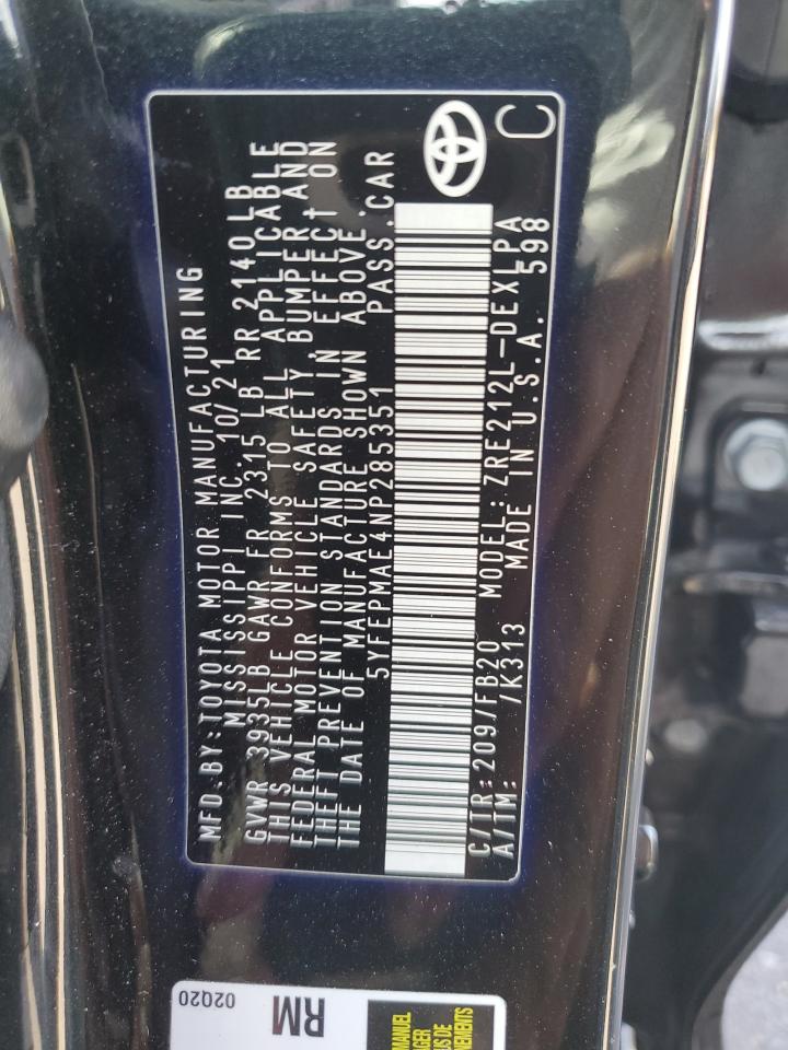 2022 TOYOTA COROLLA LE VIN:5YFEPMAE4NP285351