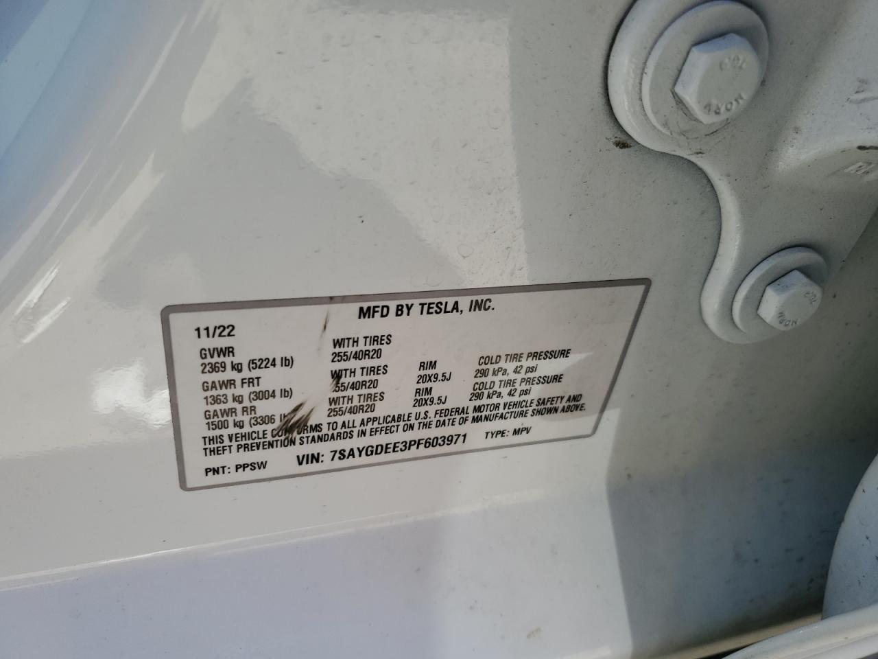 2023 TESLA MODEL Y VIN:7SAYGDEE3PF603971