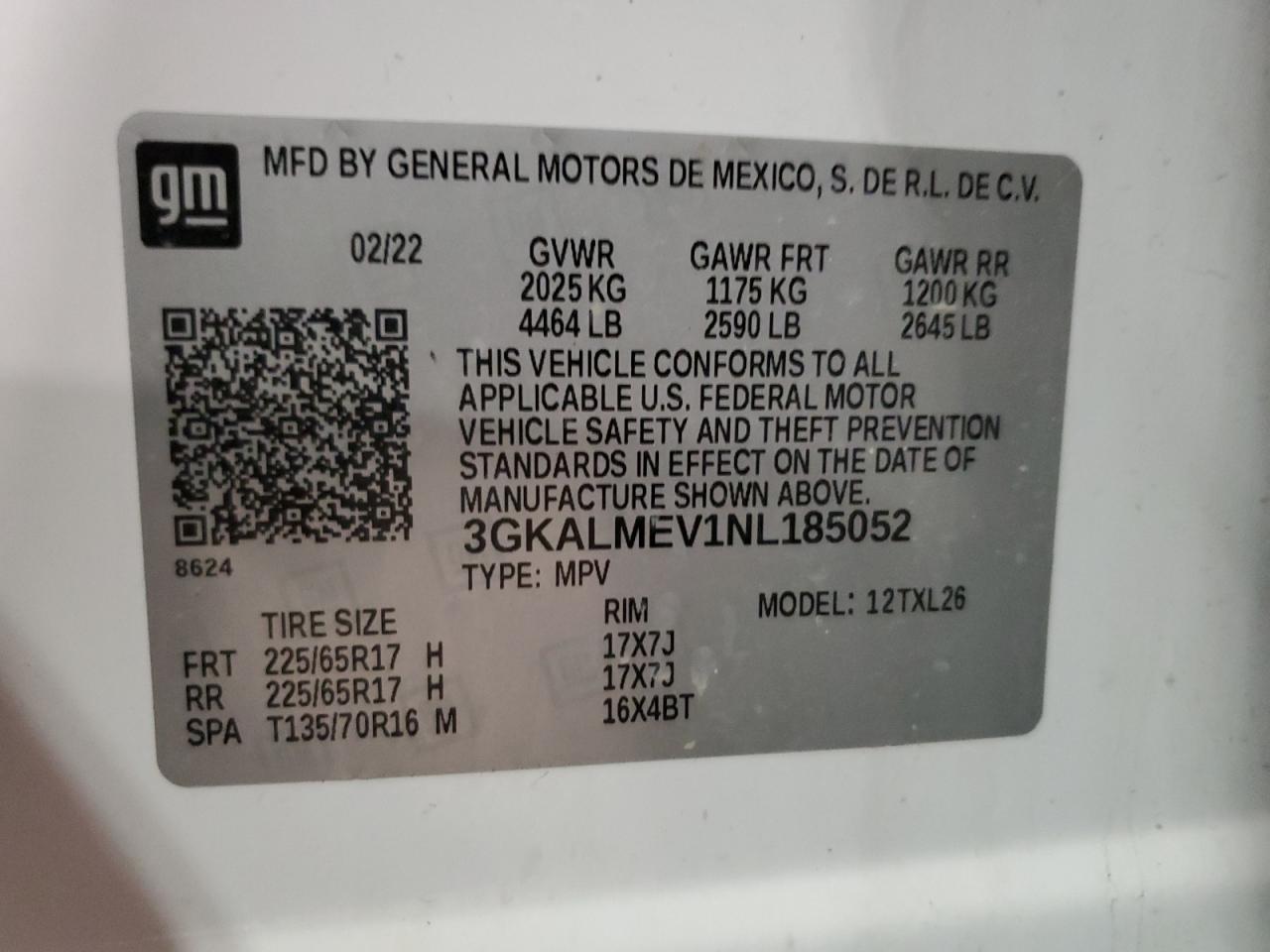 2022 GMC TERRAIN SLE VIN:3GKALMEV1NL185052