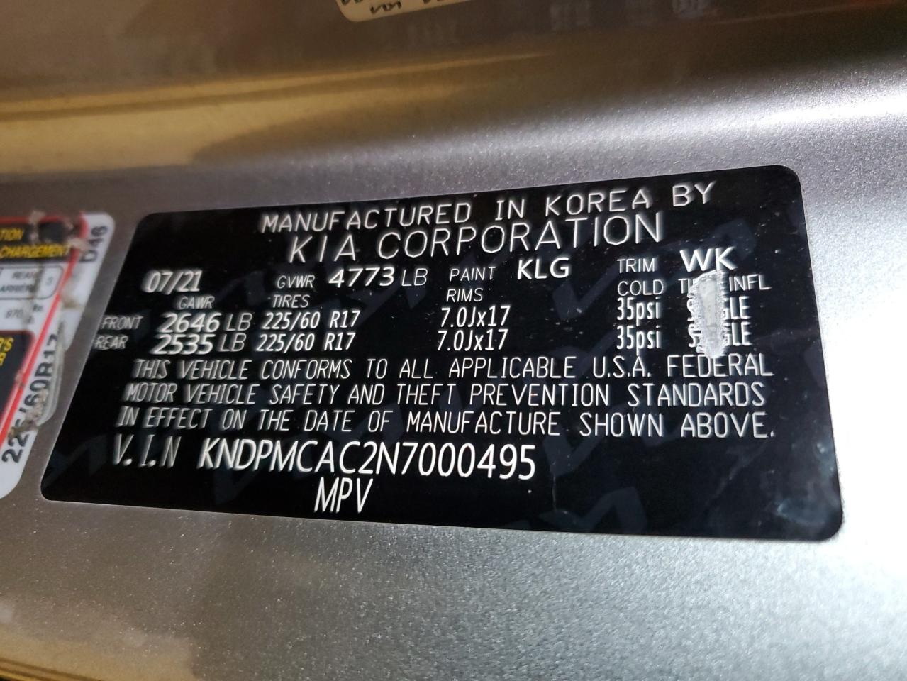 2022 KIA SPORTAGE LX VIN:KNDPMCAC2N7000495