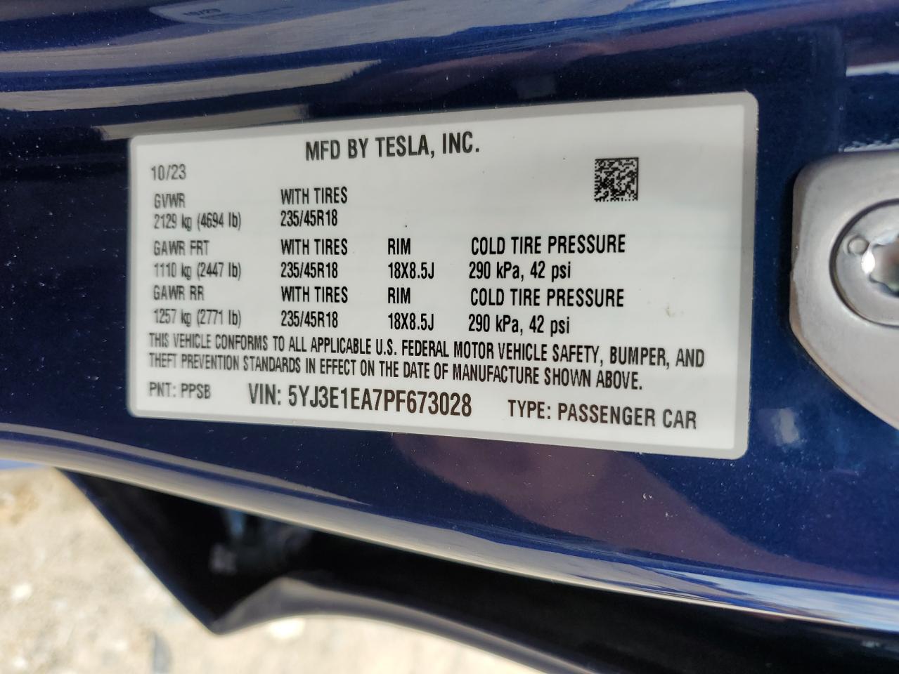 2023 TESLA MODEL 3 VIN:5YJ3E1EA7PF673028