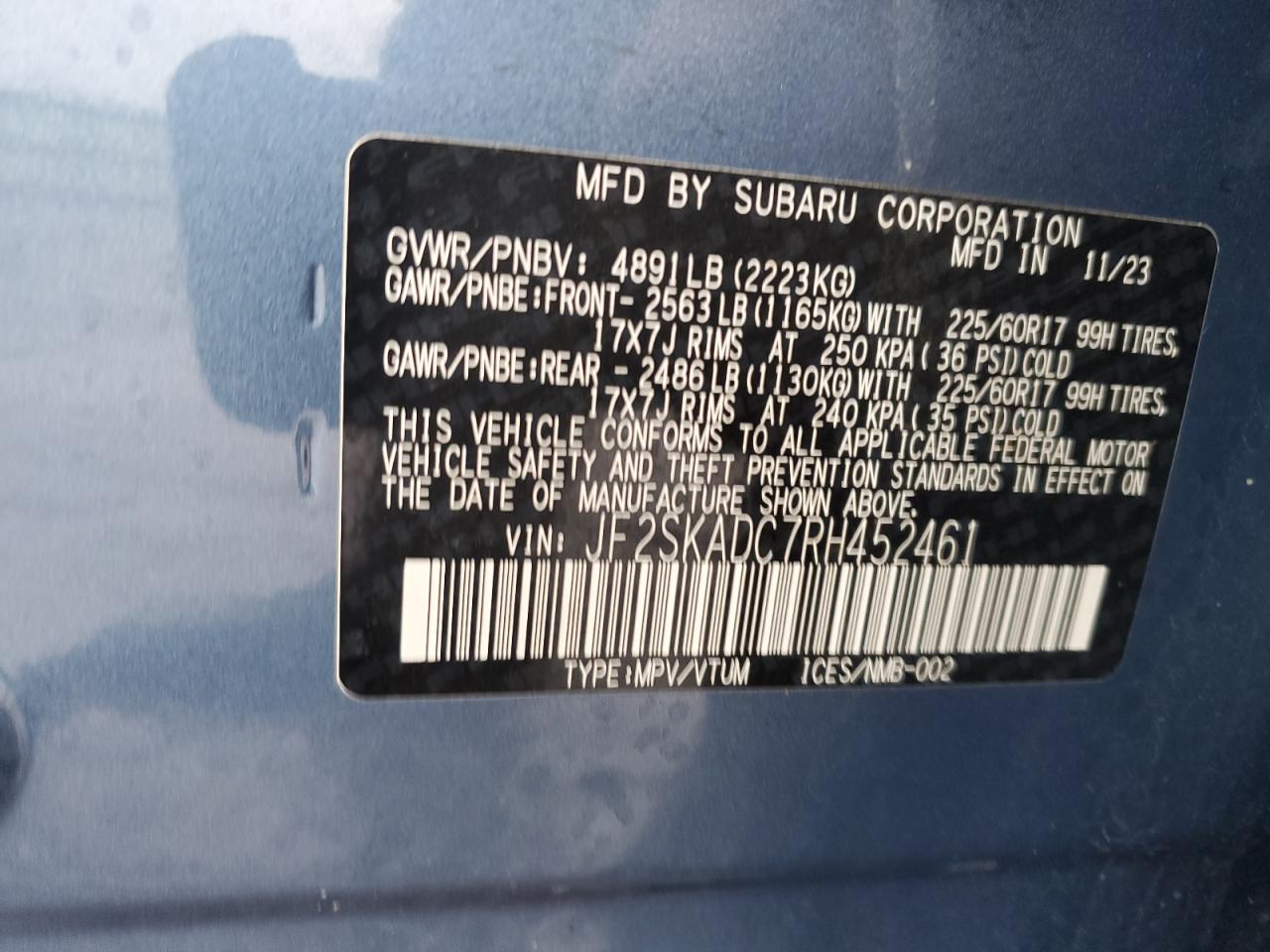 2024 SUBARU FORESTER PREMIUM VIN:JF2SKADC7RH452461