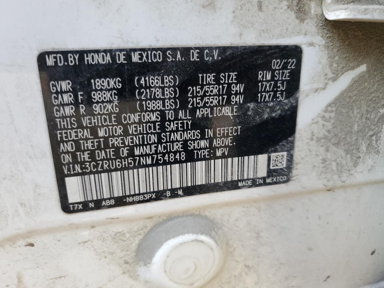 2022 HONDA HR-V EX VIN:3CZRU6H57NM754848