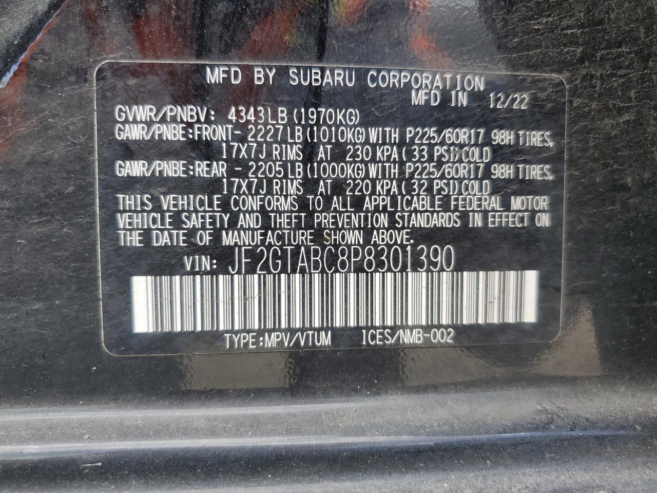 2023 SUBARU CROSSTREK VIN:JF2GTABC8P8301390