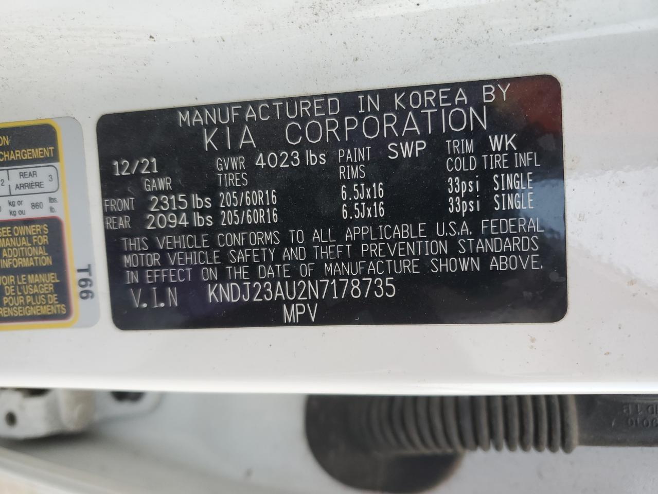 2022 KIA SOUL LX VIN:KNDJ23AU2N7178735