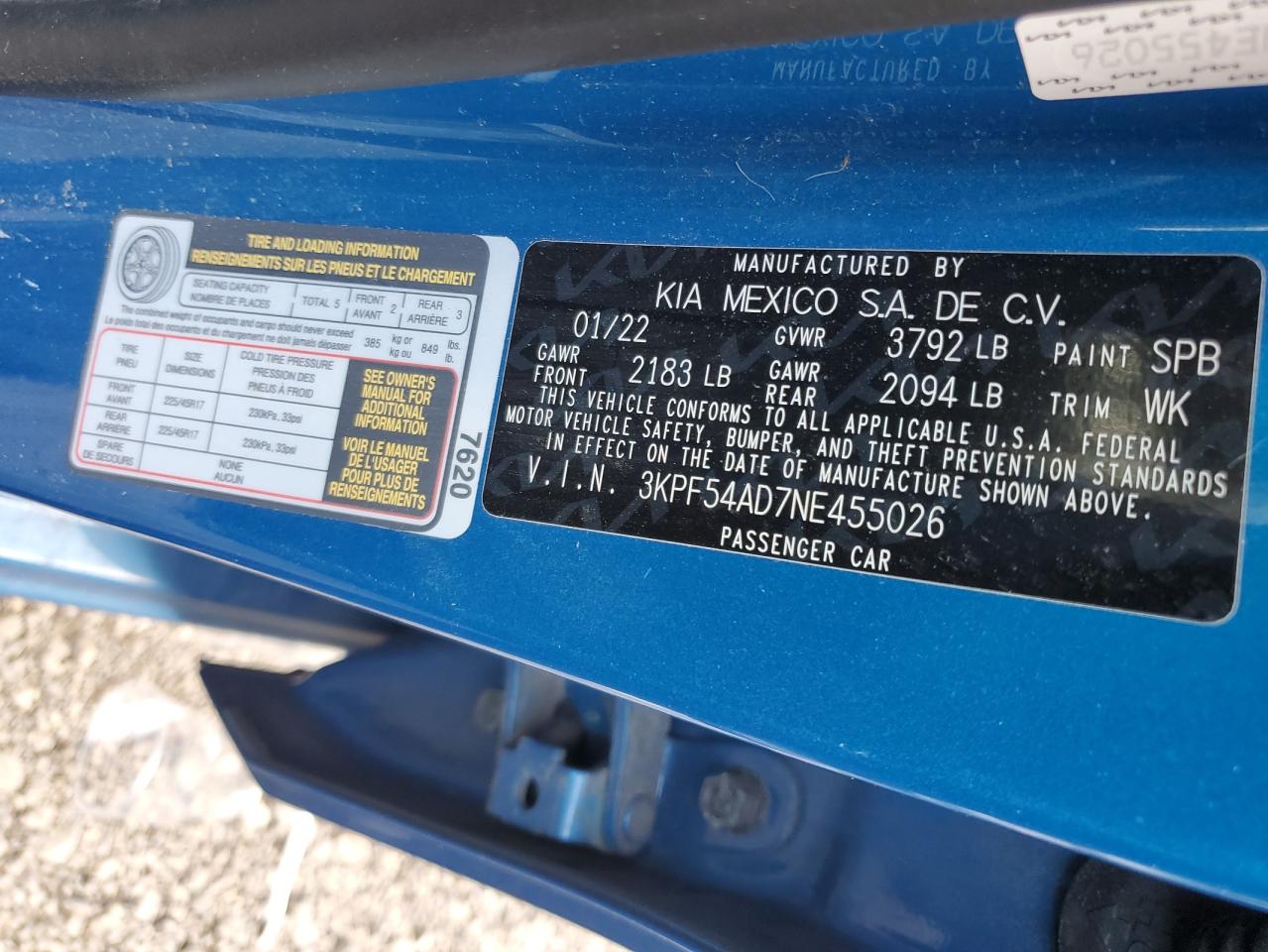 2022 KIA FORTE GT LINE VIN:3KPF54AD7NE455026
