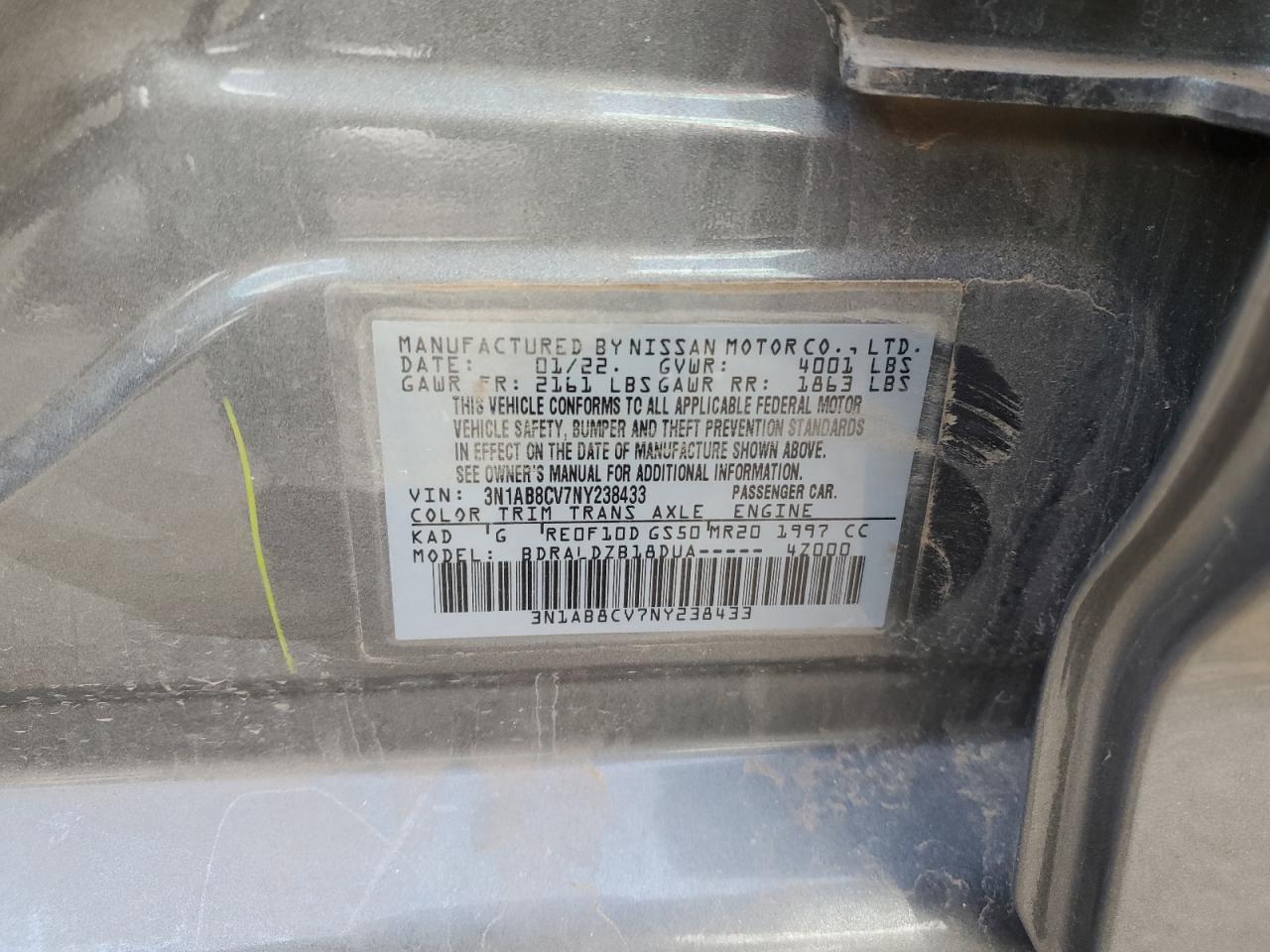 2022 NISSAN SENTRA SV VIN:3N1AB8CV7NY238433